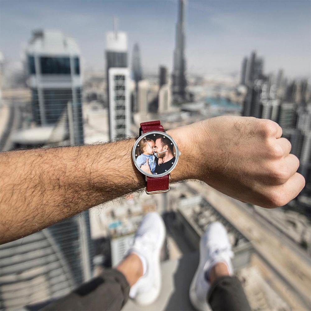 Personalized Engraved Watch, Custom Your Own Photo Watch with Red Strap - soufeelus