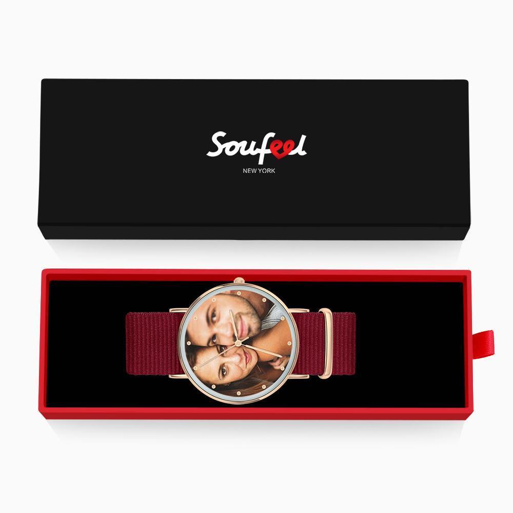Personalized Engraved Watch, Photo Watch with Red Strap - Gift for Boyfriend - soufeelus