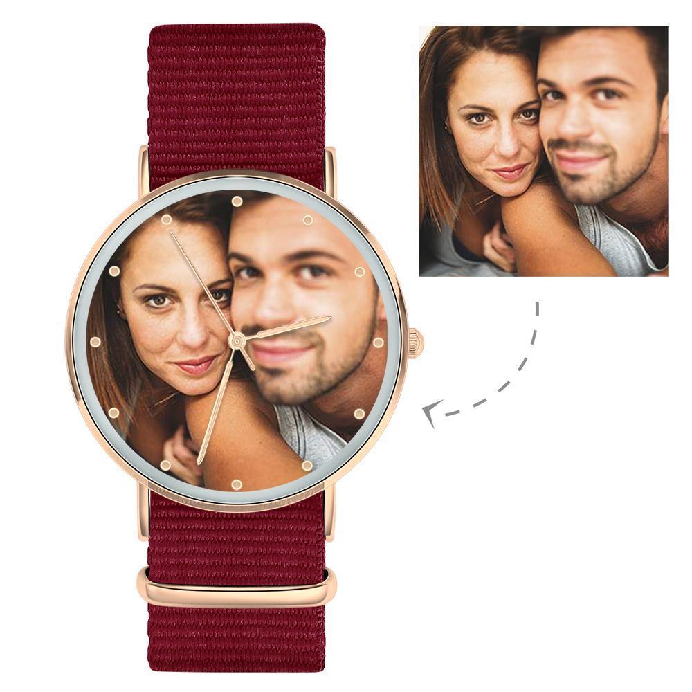Personalized Engraved Watch, Photo Watch with Red Strap - Gift for Boyfriend - soufeelus
