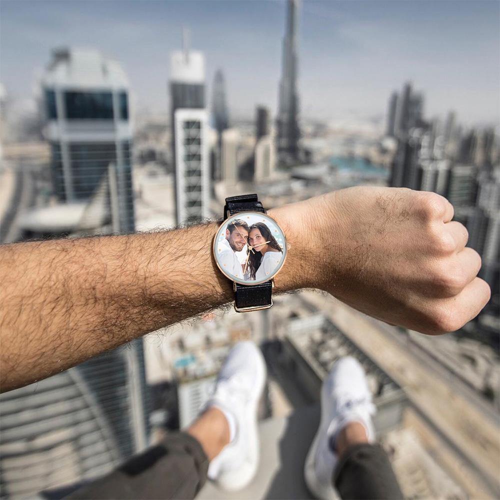 Personalized Engraved Watch, Photo Watch with Black Strap - Gift for Boyfriend