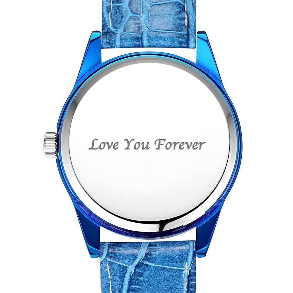 Personalized Engraved Watch, Photo Watch with Blue Leather Strap Men's - Gift for Boyfriend