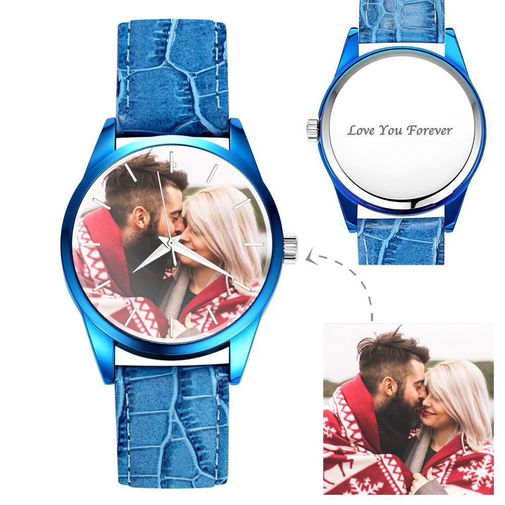 Personalized Engraved Watch, Photo Watch with Blue Leather Strap Men's - Gift for Boyfriend