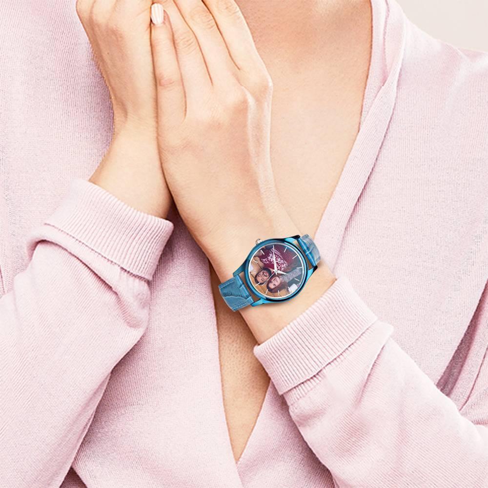 Personalized Engraved Watch, Photo Watch with Blue Leather Strap Women's - soufeelus