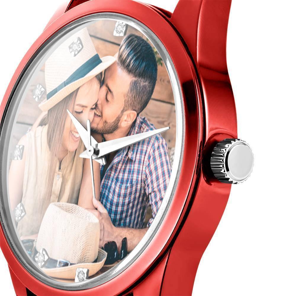 Personalized Engraved Watch, Photo Watch with Red Leather Strap Men's - Gift for Boyfriend - soufeelus