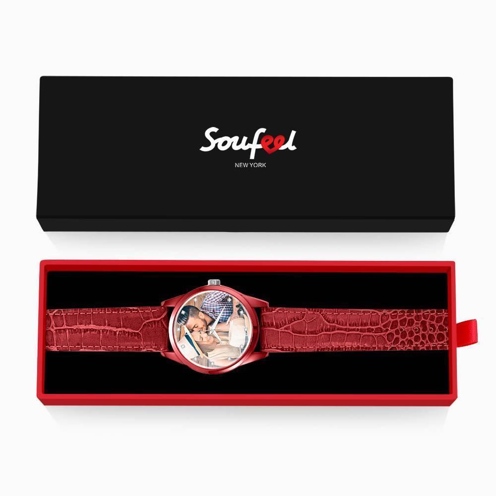 Personalized Engraved Watch, Photo Watch with Red Leather Strap Men's - Gift for Boyfriend - soufeelus