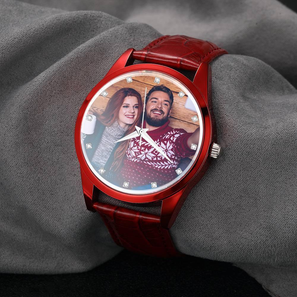 Personalized Engraved Watch, Photo Watch with Red Leather Strap Women's - soufeelus