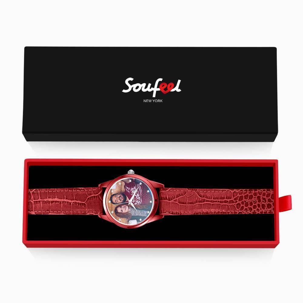 Personalized Engraved Watch, Photo Watch with Red Leather Strap Women's - soufeelus