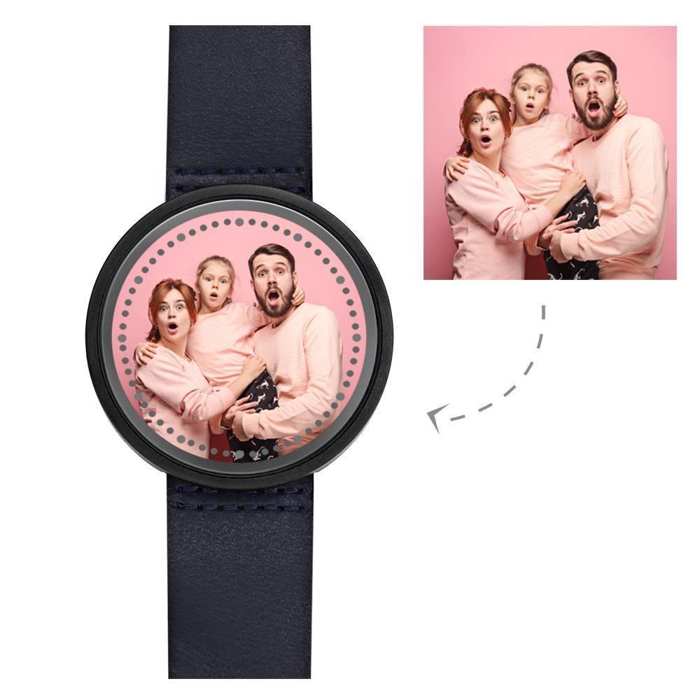 Personalized Photo Watch, Touch Illuminated Watch LED Blue Leather Strap - soufeelus