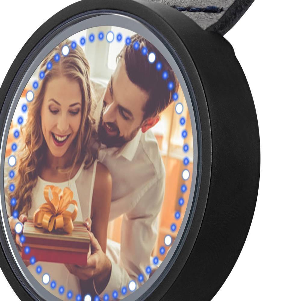 Personalized Photo Watch, Touch Illuminated Watch Blue Leather Strap Couple's Gift - soufeelus