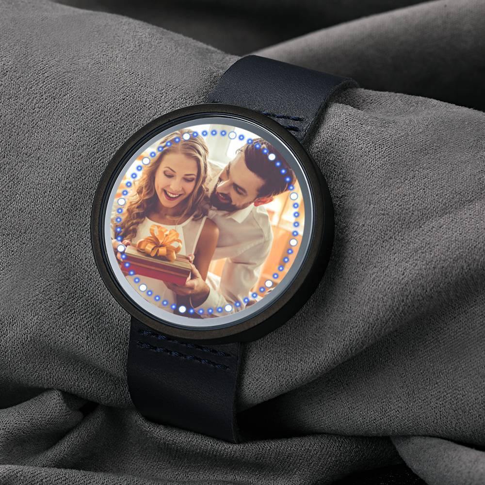 Personalized Photo Watch, Touch Illuminated Watch Blue Leather Strap Couple's Gift - soufeelus