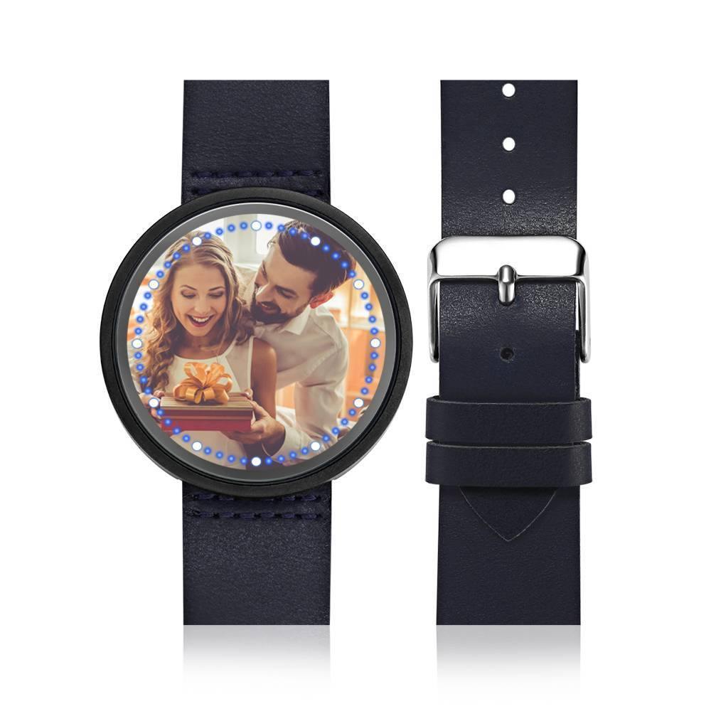 Personalized Photo Watch, Touch Illuminated Watch Blue Leather Strap Couple's Gift - soufeelus