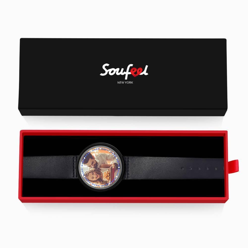 Personalized Photo Watch, Touch Illuminated Watch Blue Leather Strap Couple's Gift - soufeelus