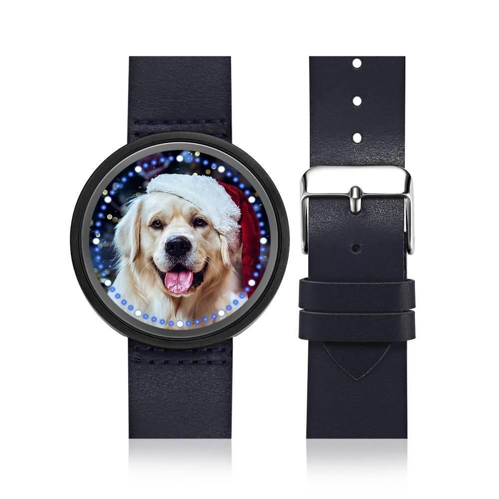 Personalized Photo Watch, Touch Illuminated Watch Blue Leather Strap Cute Pet - soufeelus