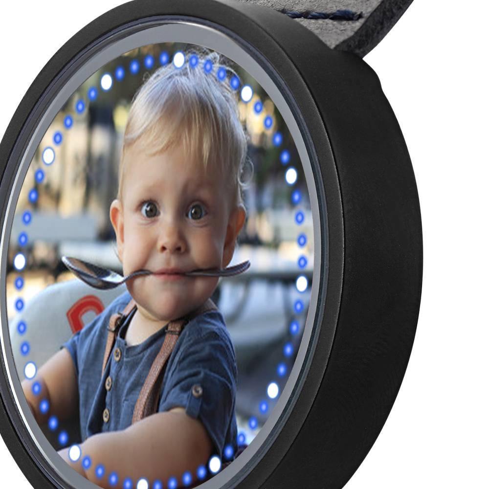 Personalized Photo Watch, Touch Illuminated Watch Blue Leather Strap Family Gift - soufeelus