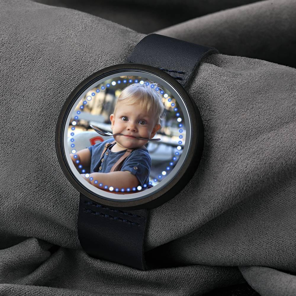 Personalized Photo Watch, Touch Illuminated Watch Blue Leather Strap Family Gift - soufeelus