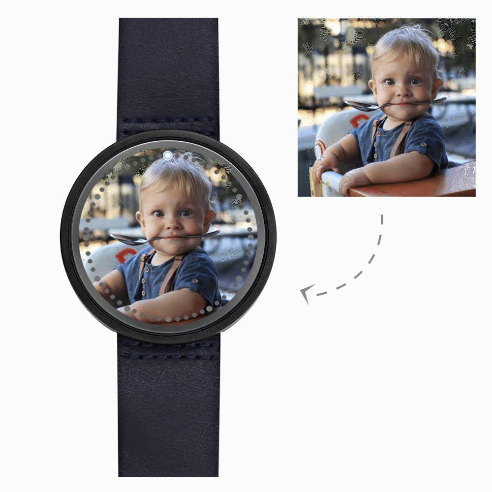 Personalized Photo Watch, Touch Illuminated Watch Blue Leather Strap Family Gift - soufeelus