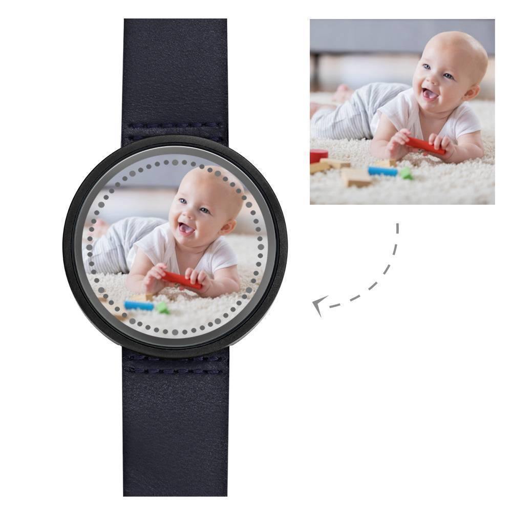 Personalized Photo Watch, Touch Illuminated Watch Blue Leather Strap Cute Children - soufeelus