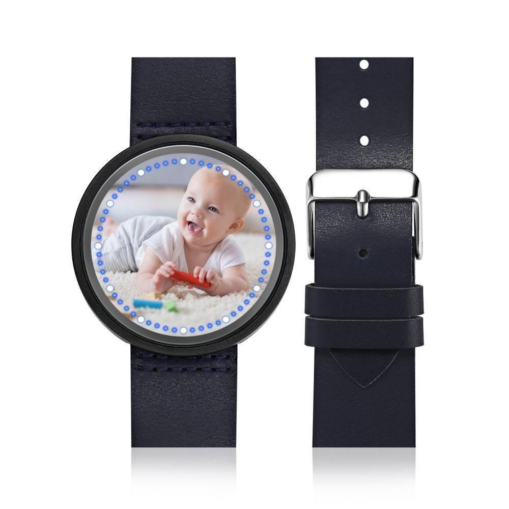 Personalized Photo Watch, Touch Illuminated Watch Blue Leather Strap Cute Children - soufeelus