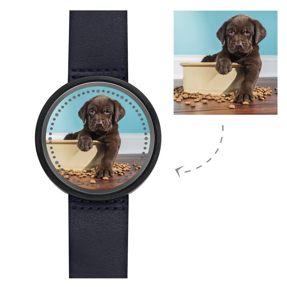 Personalized Photo Watch, Touch Illuminated Watch Blue Leather Strap - soufeelus