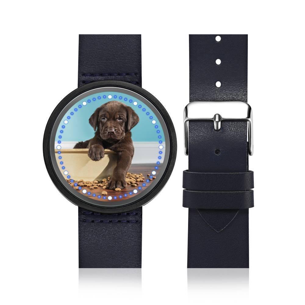 Personalized Photo Watch, Touch Illuminated Watch Blue Leather Strap - soufeelus