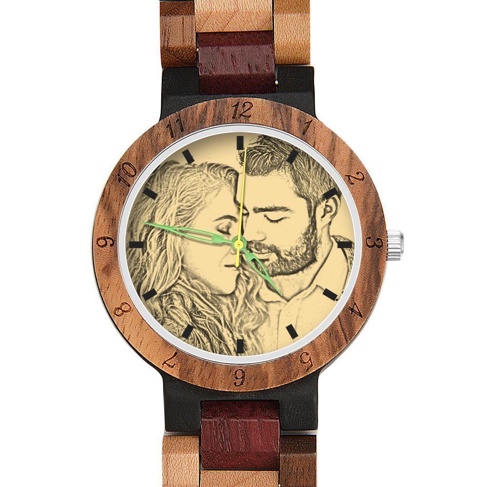 Photo Engraved Wooden, Photo Watch Wooden Strap 45mm Sketch Effect Colorful Wood for Men's - soufeelus