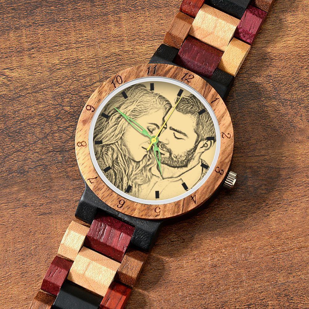 Photo Engraved Wooden, Photo Watch Wooden Strap 45mm Sketch Effect Colorful Wood for Men's - soufeelus