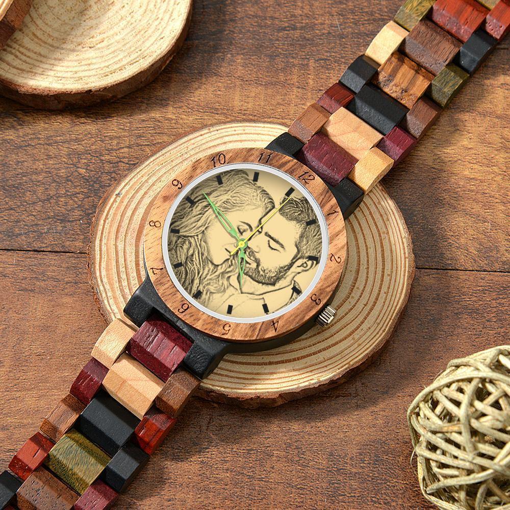 Photo Engraved Wooden, Photo Watch Wooden Strap 45mm Sketch Effect Colorful Wood for Men's - soufeelus