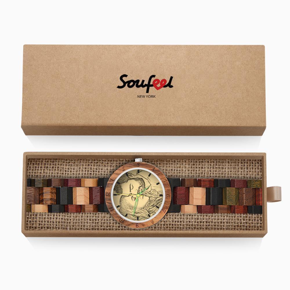 Photo Engraved Wooden, Photo Watch Wooden Strap 45mm Sketch Effect Colorful Wood for Men's - soufeelus