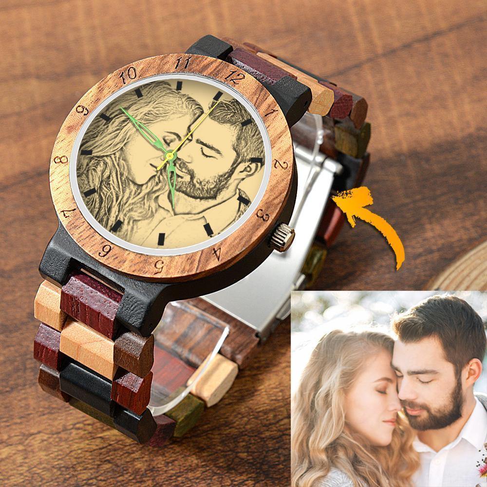 Photo Engraved Wooden, Photo Watch Wooden Strap 45mm Sketch Effect Colorful Wood for Men's - soufeelus