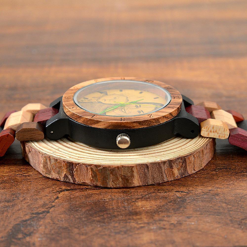 Photo Engraved Wooden, Photo Watch Wooden Strap 45mm Sketch Effect Colorful Wood for Men's - soufeelus