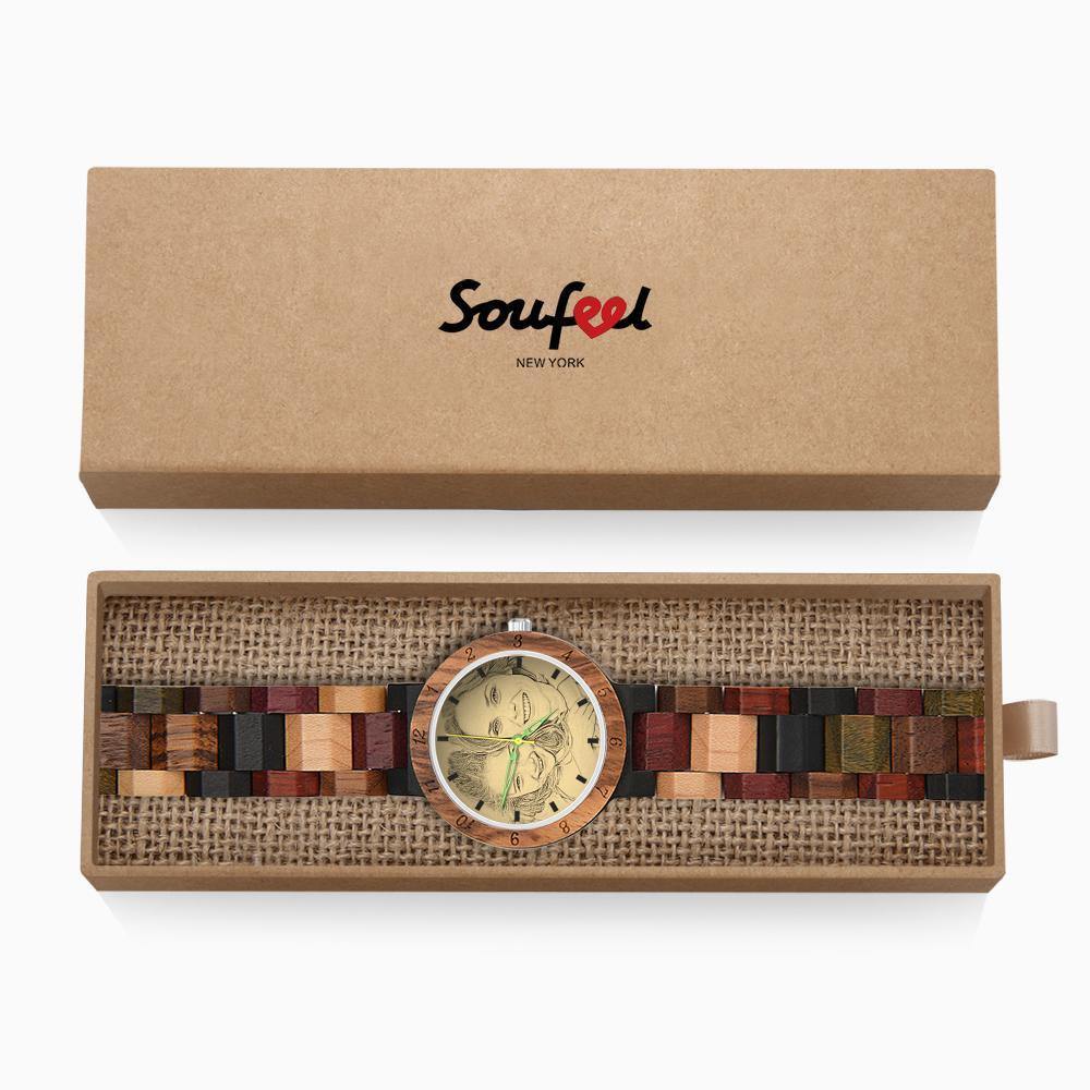 Engraved Wooden, Photo Watch Wooden Strap 38mm Sketch Effect Colorful Wood - Women's - soufeelus