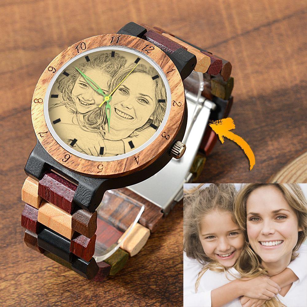 Engraved Wooden, Photo Watch Wooden Strap 38mm Sketch Effect Colorful Wood - Women's - soufeelus