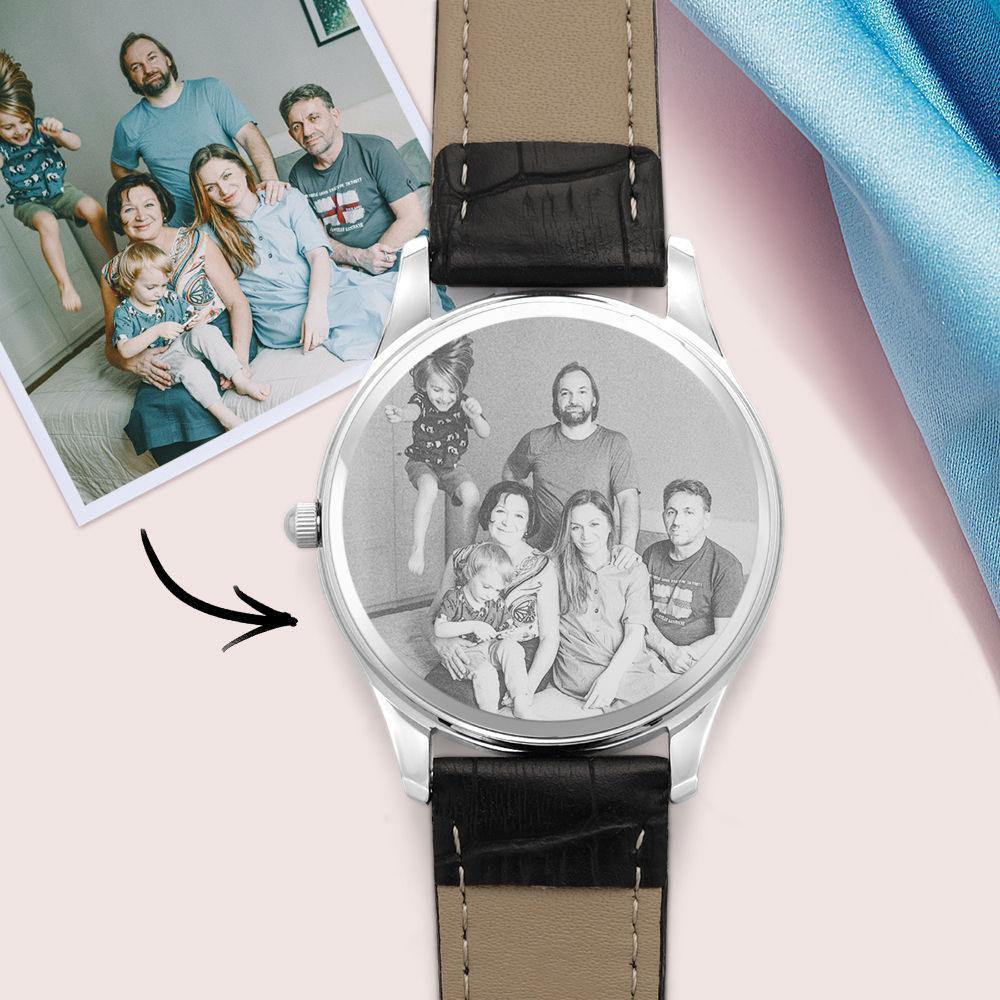 Custom Photo Engraved Watch with Little Heart Black Leather Strap for Men's - soufeelus