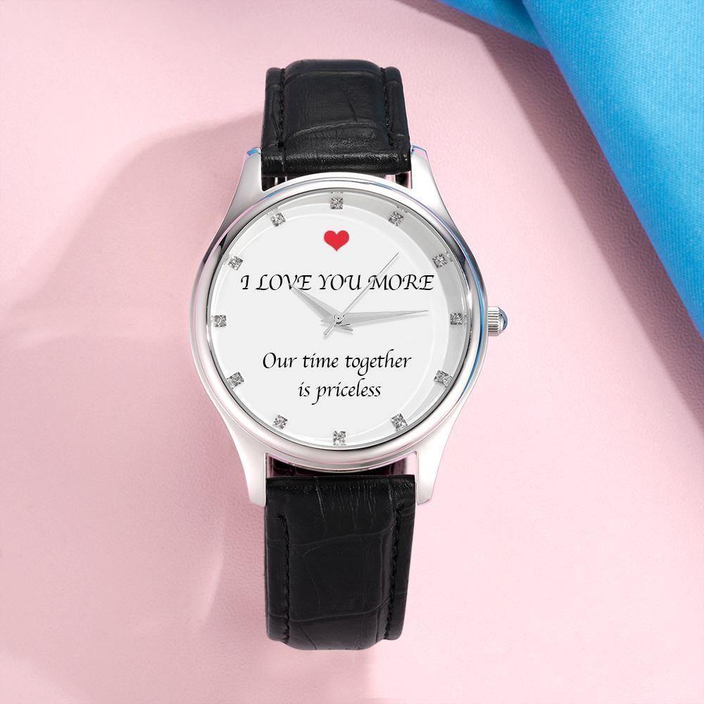 Custom Photo Engraved Watch with Little Heart for Her Black Leather Strap - soufeelus