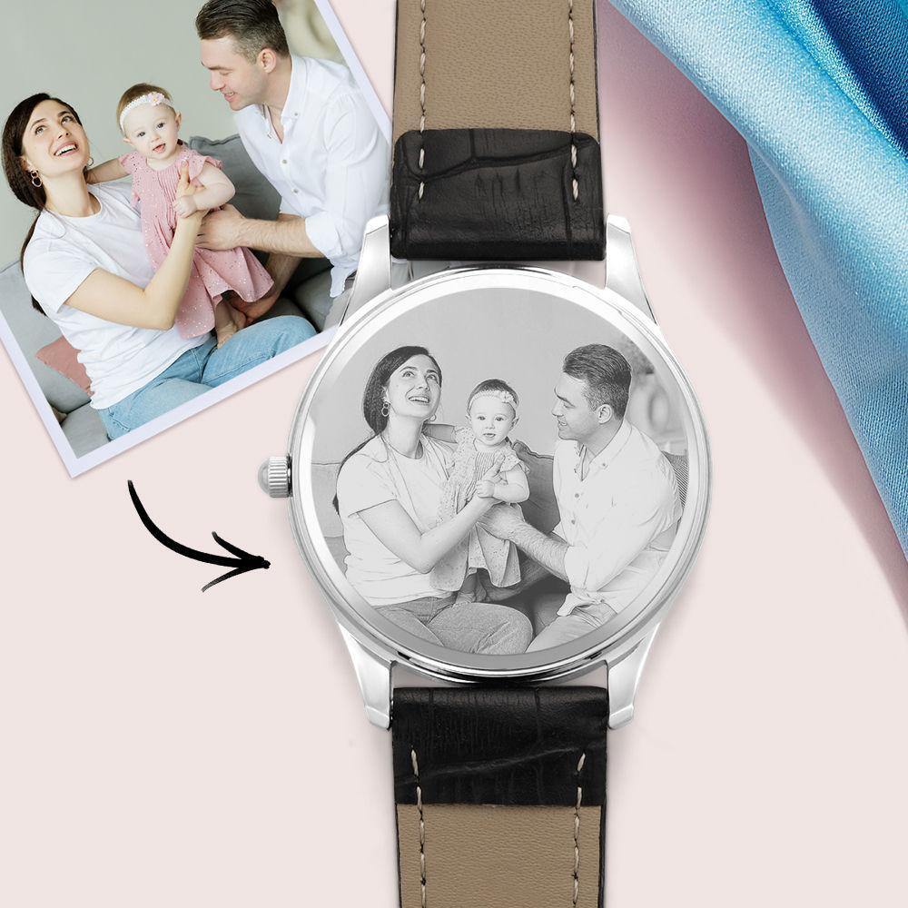Custom Photo Engraved Watch with Little Heart for Her Black Leather Strap - soufeelus