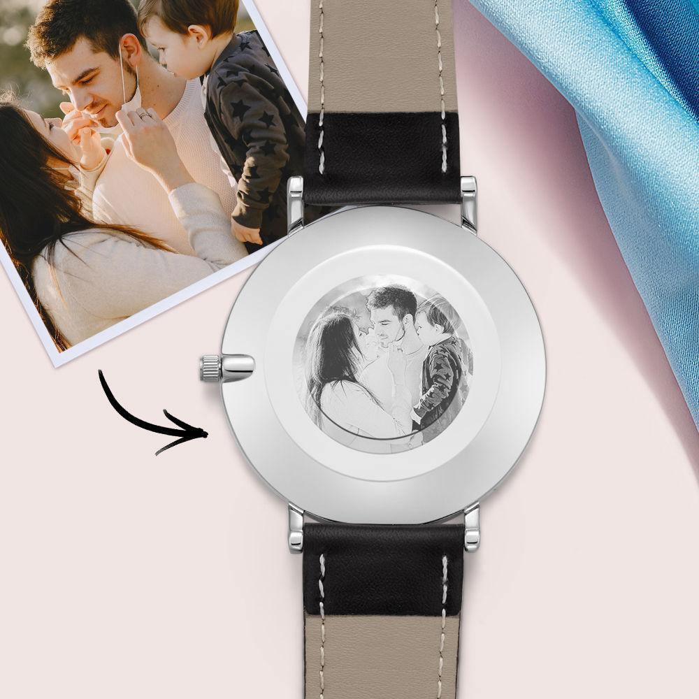 Personalized Photo Engraved Watch Black Leather Strap Men's Gifts - soufeelus