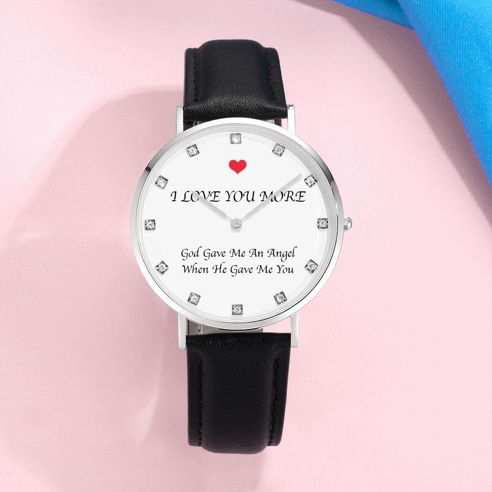 Custom Photo Engraved Watch Black Leather Strap Anniversary Gifts for Her - soufeelus