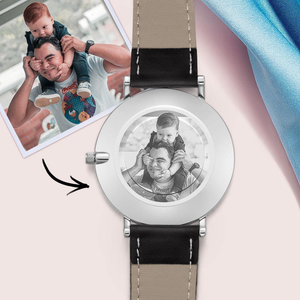 Custom Photo Engraved Watch Black Leather Strap Anniversary Gifts for Her - soufeelus