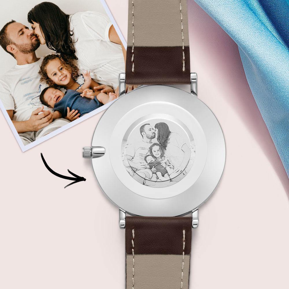 Personalized Photo Engraved Watch Brown Leather Strap Men's Gifts - soufeelus