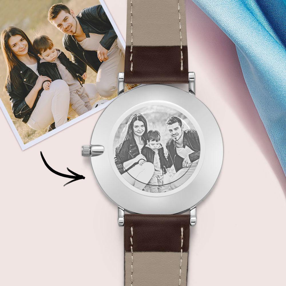 Custom Photo Engraved Watch Brown Leather Strap Unique Gifts for Her - soufeelus