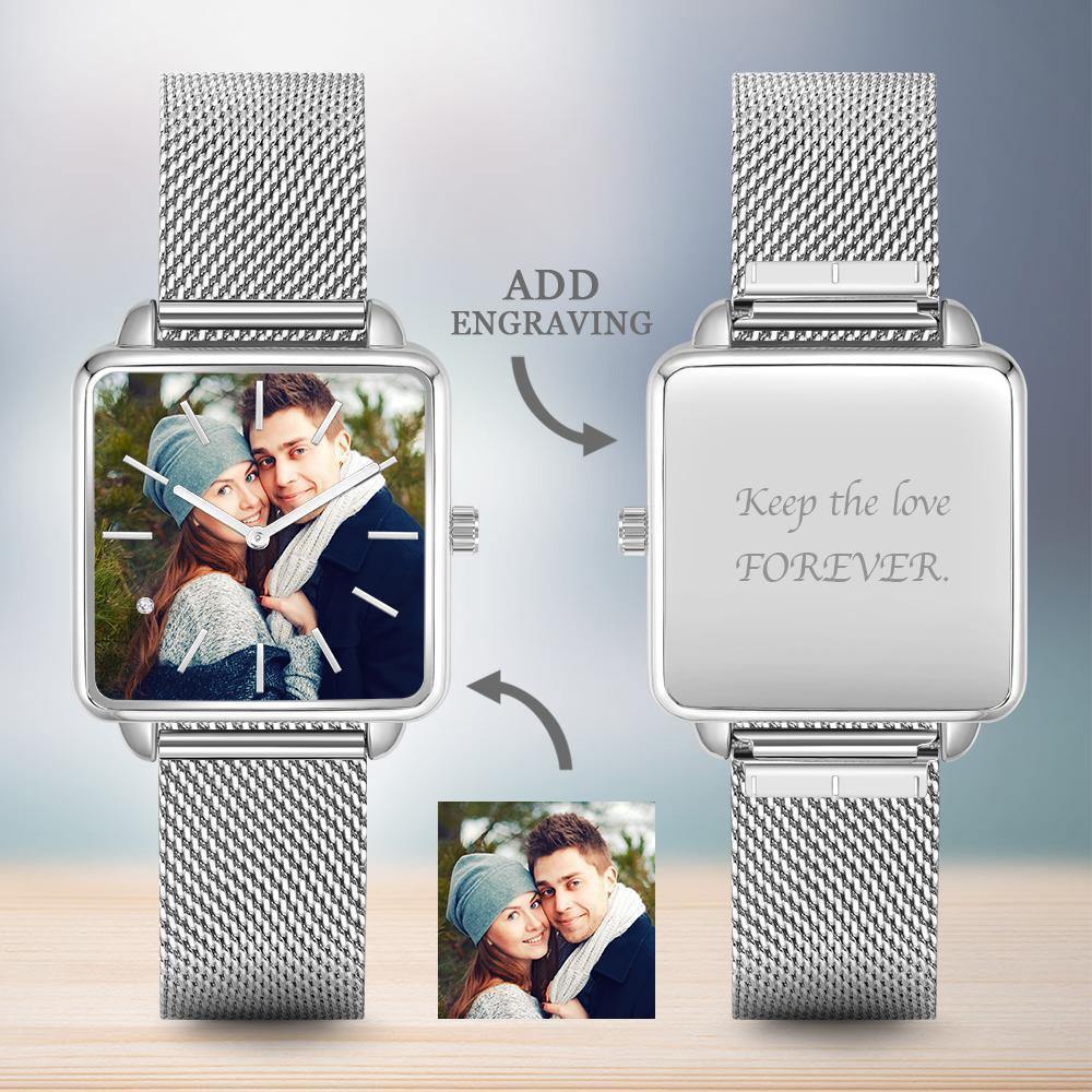 Custom Photo Watch with Engraving Back - Silver Square Case Watch for Women?ˉs - soufeelus