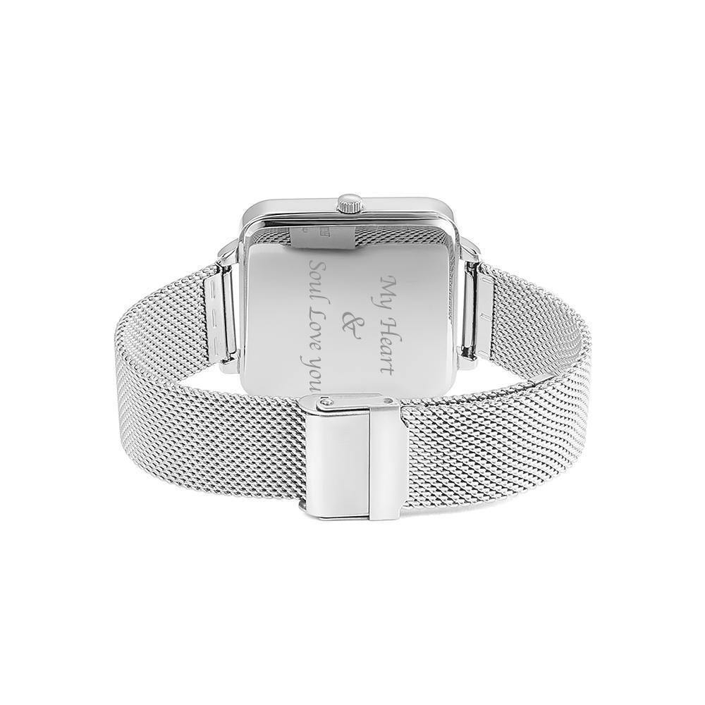 Photo Watch with Engraving - Silver Square Case Watch Sketch for Girlfriend - soufeelus