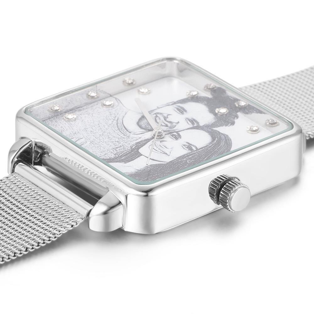 Photo Watch with Engraving - Silver Square Case Watch Sketch for Girlfriend - soufeelus