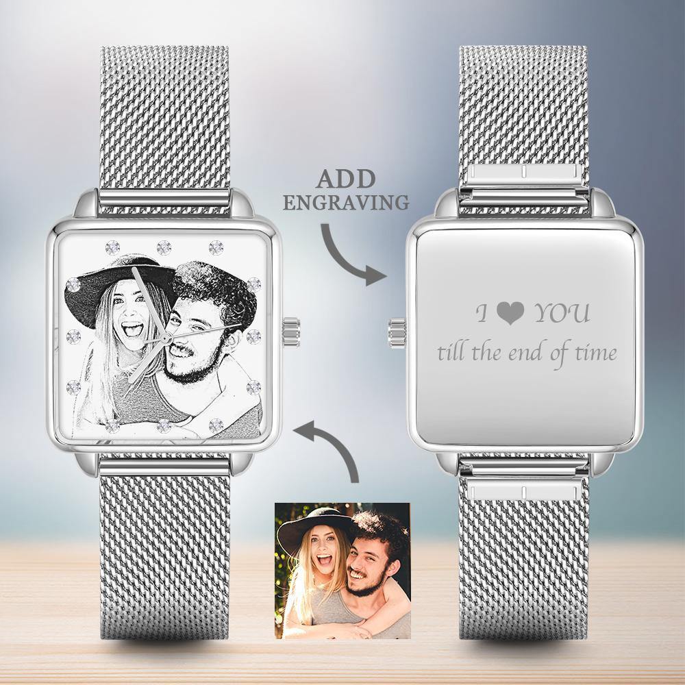 Engraved Photo Watch - Silver Square Case Watch Sketch for Boyfriend/Father - soufeelus