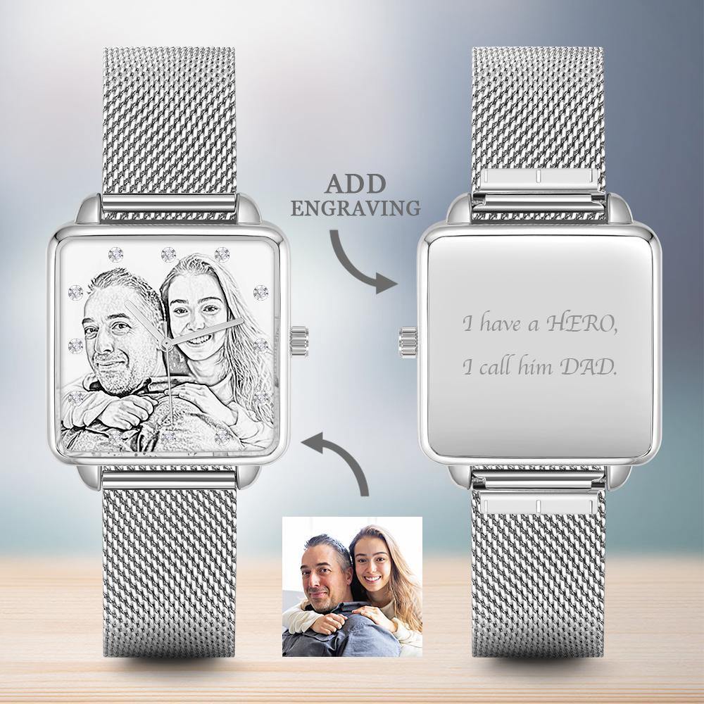 Photo Watch with Engraving - Silver Square Case Watch Sketch for Girlfriend - soufeelus
