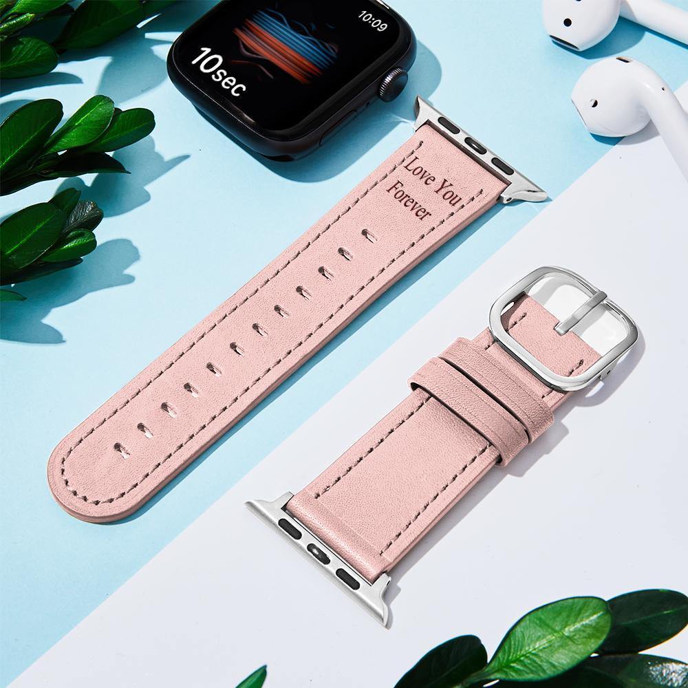 Custom Engraved Real Leather Apple Watch Band Multiple Colour Pink - soufeelus
