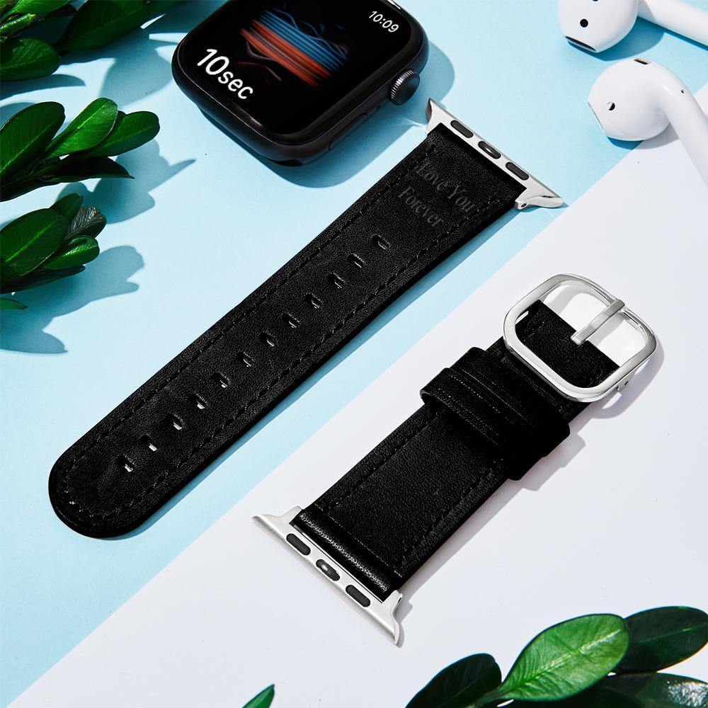 Custom Engraved Real Leather Apple Watch Band Multiple Colour Black - soufeelus