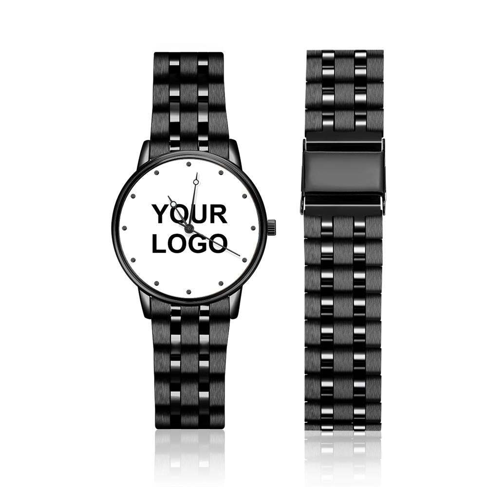 Engraved Men's Black Alloy Bracelet Photo Watch 38mm Business Gift For Him