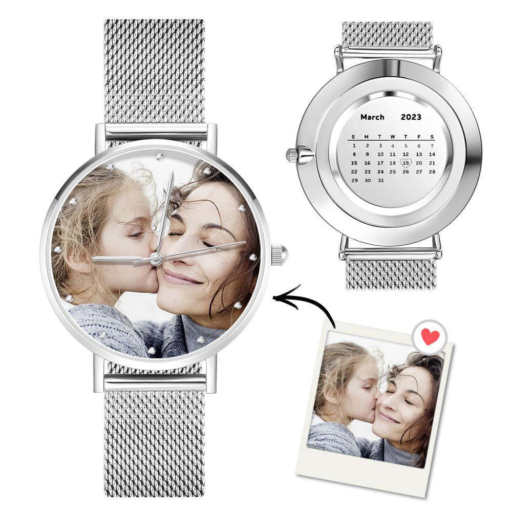 Women's Engraved Calendar Alloy Bracelet Photo Watch 36mm for Mom - soufeelus