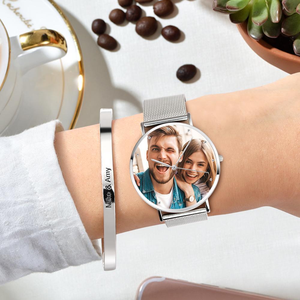 Women's Engraved Calendar Alloy Bracelet Photo Watch 36mm for Mom - soufeelus